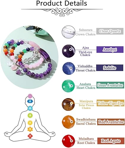 Miniatura 3 de Jovivi Pulseras de 7 chakras para mujeres y hombres, piedras preciosas naturales de chakras de 0.315 pulgadas, cuentas redondas de amatista, pulsera