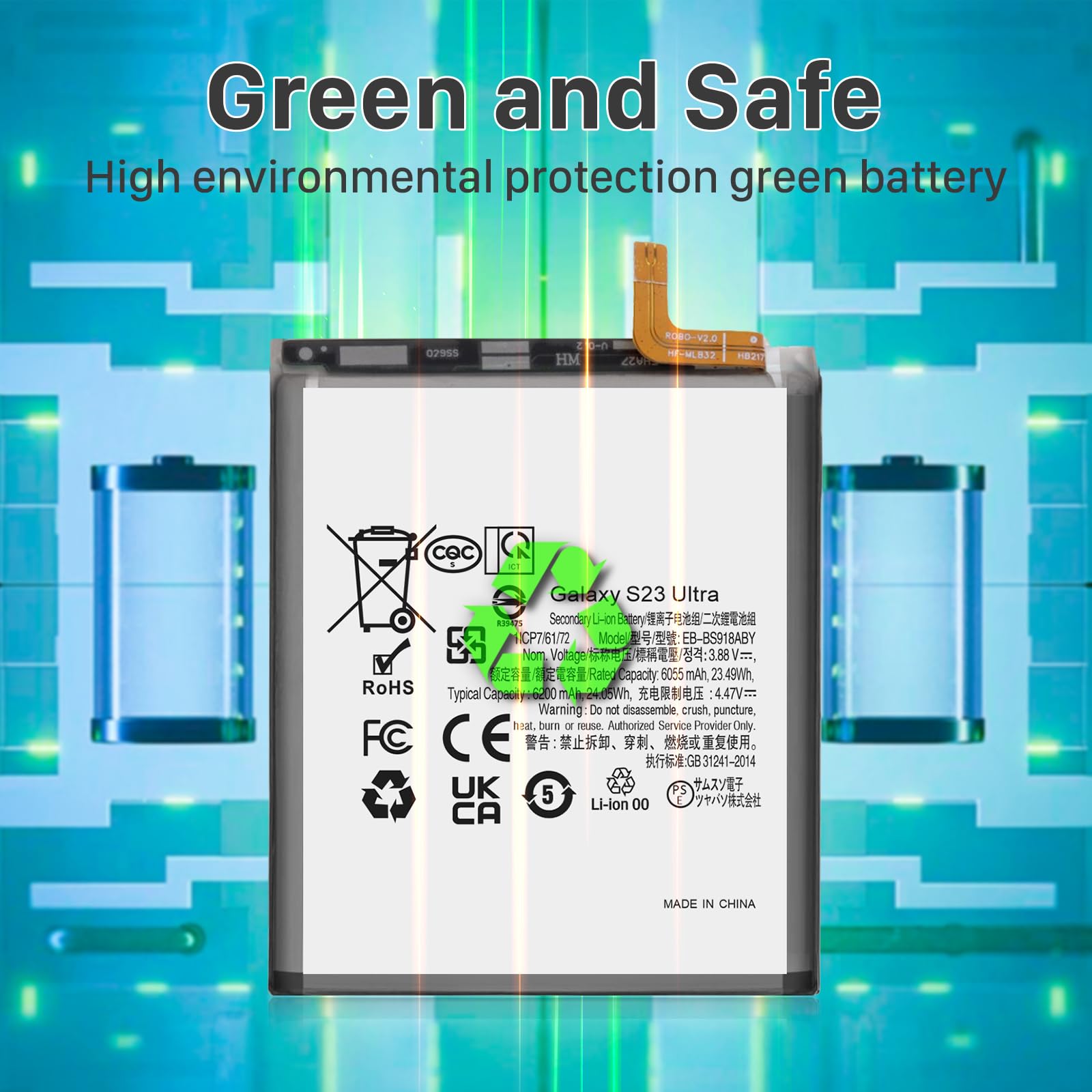 Akku für Galaxy S23 Ultra, 6200mAh EB-BS918ABY Ersatzakku für Galaxy S23 Ultra SM-S918U SM-S918B SM-S918U1 mit Reparaturwerkzeug (Nicht für S23)