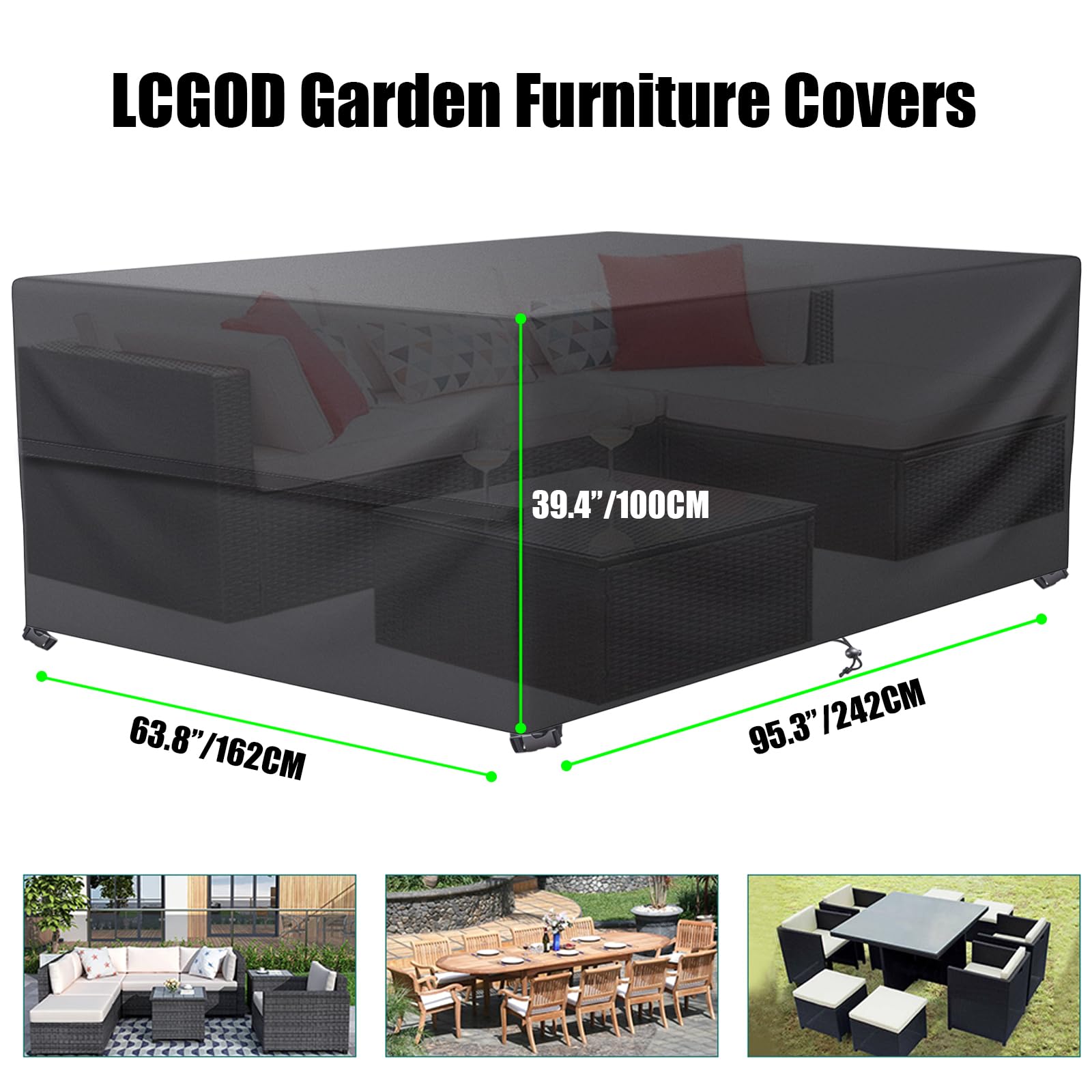 LCGOD Copertura per Mobili da Giardino, Nero Copritavolo Esterno Impermeabile, Rettangolari in tessuto Oxford 600D resistenti al vento e anti-UV Copertura Tavolo Esterno (242 x 162 x 100 cm)