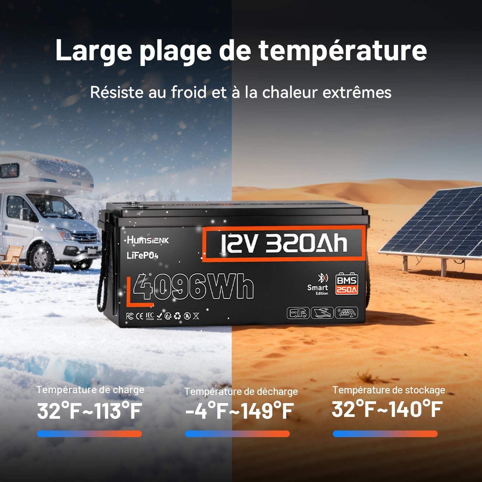 Humsienk Batterie Lithium 12V 320Ah LiFePO4 Bluetooth avec BMS 250A, 4096Wh Energie, 15000 Cycles à Décharge Profonde, Protection Basse Température pour Camping-Car, Bateau, Stockage Maison, Off-Grid