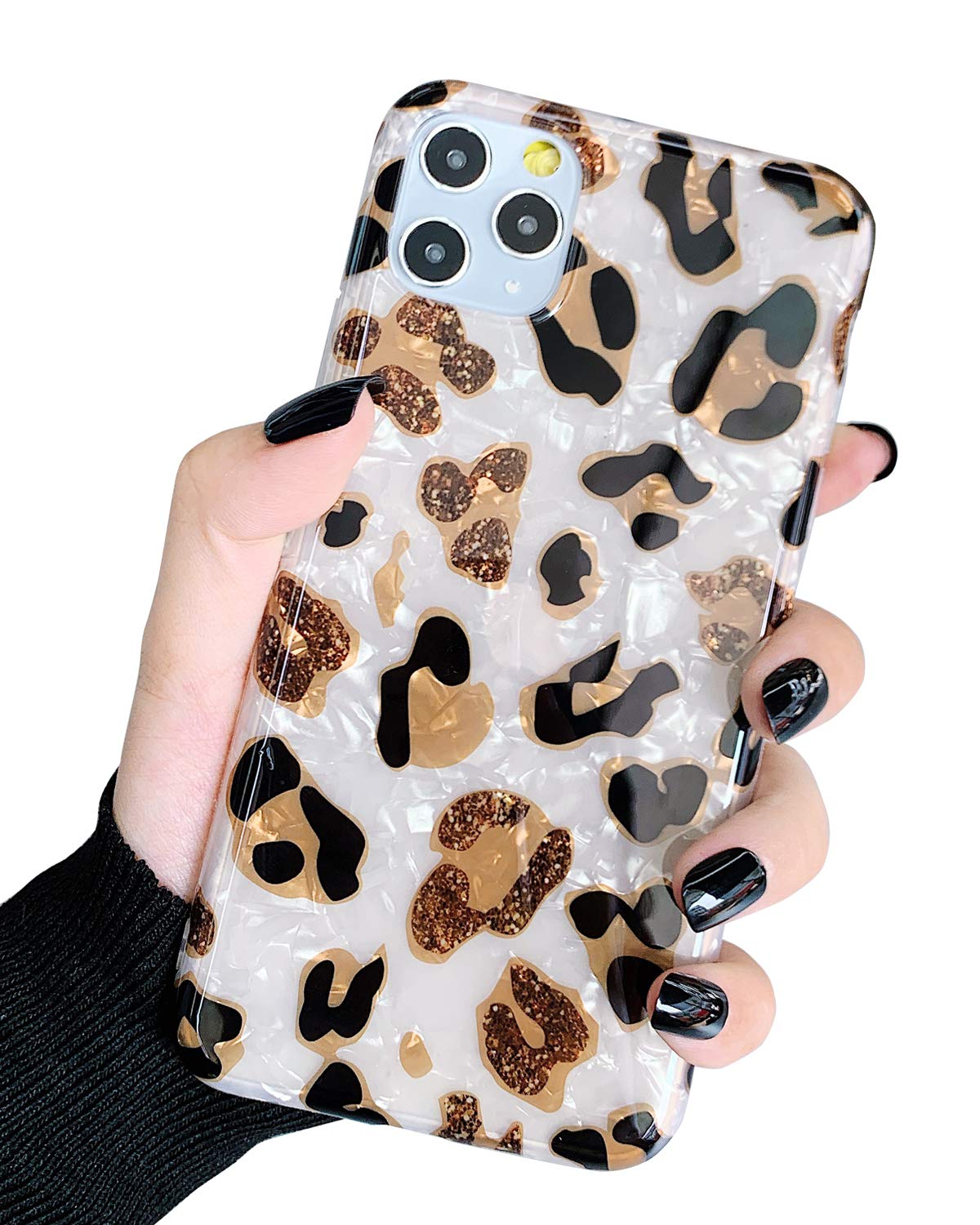 J.west iPhone 11 Pro Max Case 6.5 inch, Luxury Sparkle Translucent Clear White Leopard Print Animal Cheetah Soft Silicone Phone Cover Case for Girls Women Slim Design Protective Case