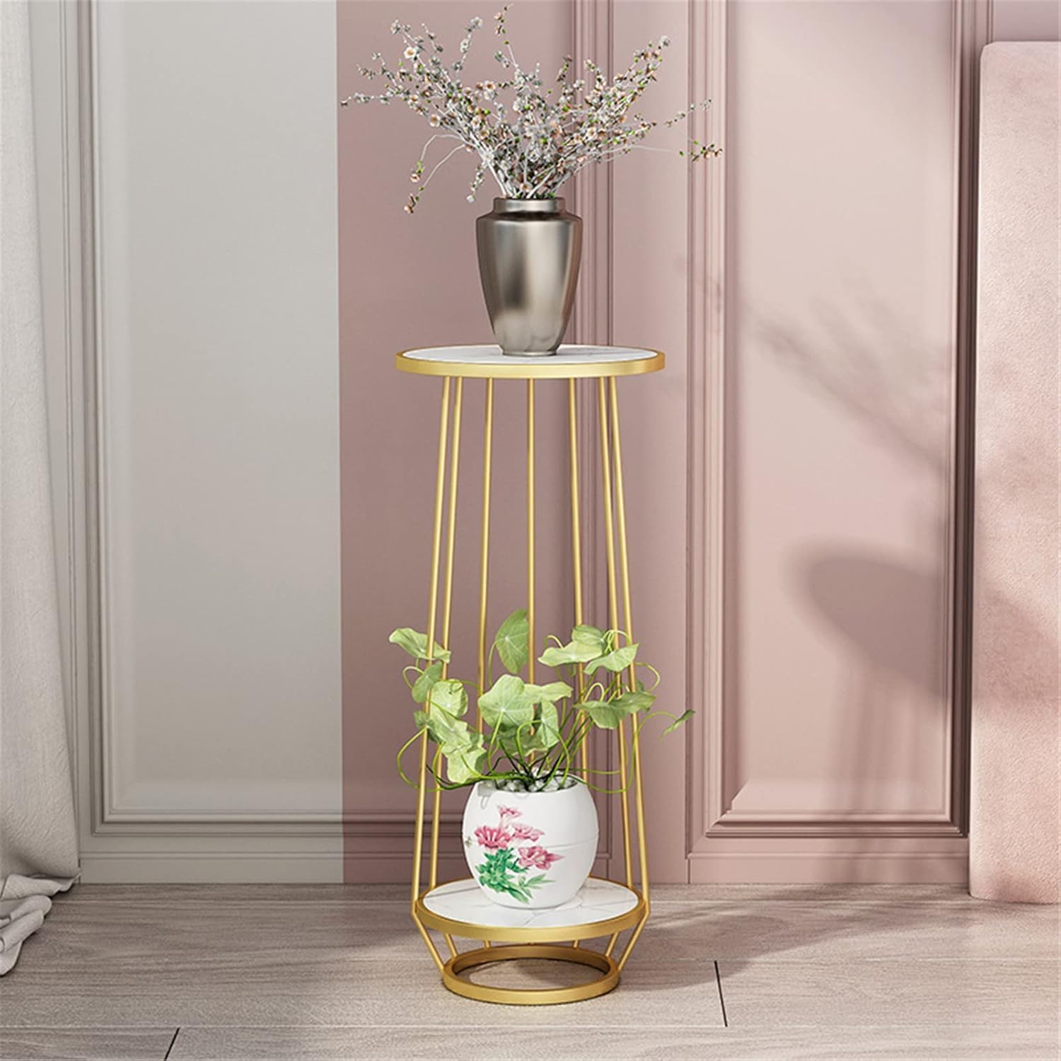 Weston Crafts Flower Pot Holder, Long Golden Plant Stand Black Flower Pot Display 2 Layer MDF Shelves Unit Modern Corner Table For Home Living-image-25