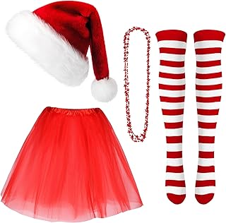 Geyoga 4 Pack Kid Christmas Costume Set Christmas Santa Hat Tutu Skirt Striped Tights for Christmas Holiday Dress Party (Red)