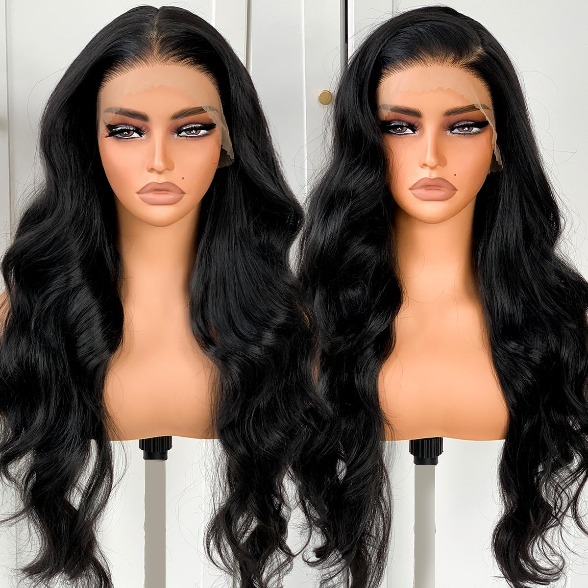 BlackSwern HD 13x6 Synthetic Lace Front Wig Pre-Plucked, Jet Black 26inch Body Wave Lace Frontal Wigs 200 Density for Black Women, Pre-Plucked PLUS