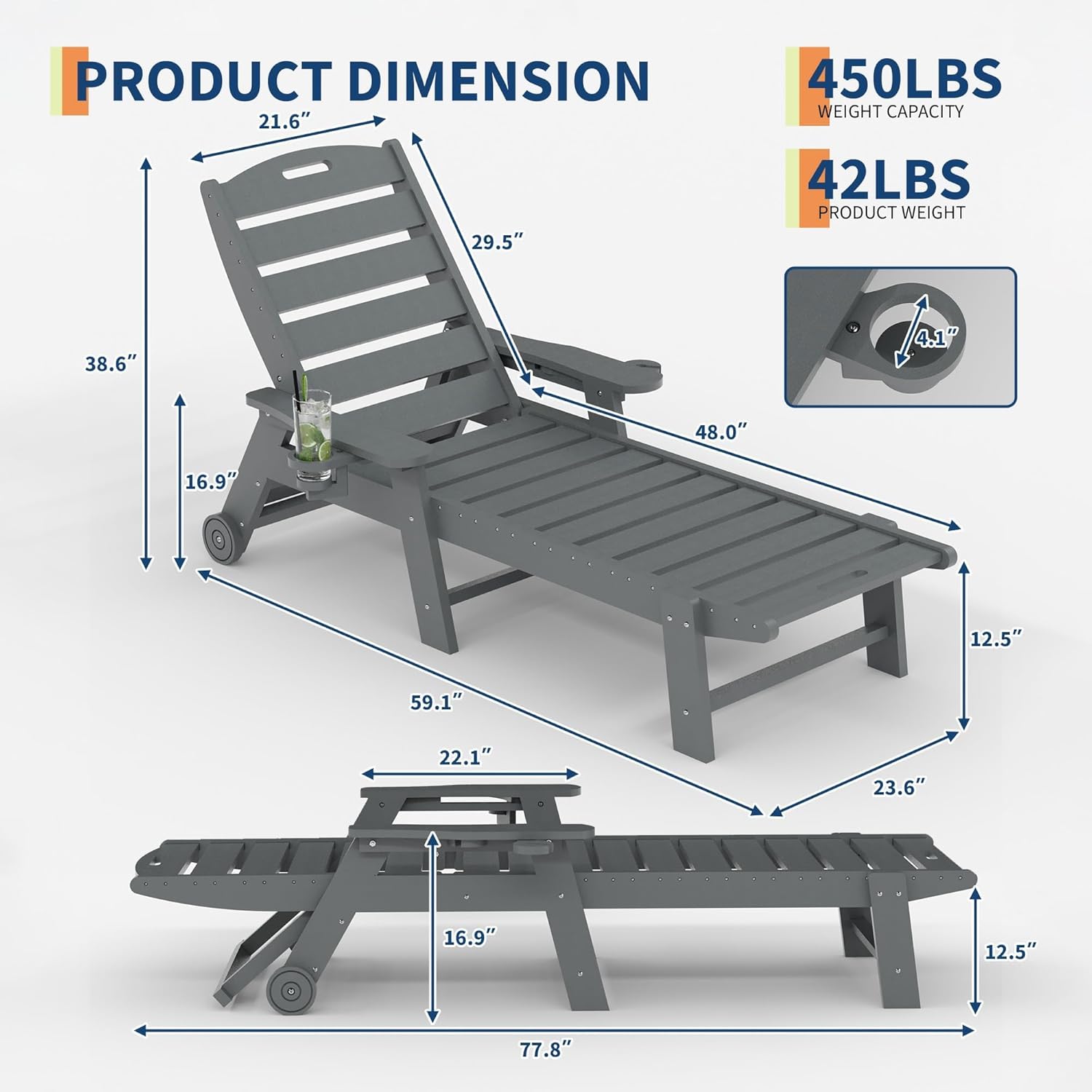 Chaise Lounge Outdoor, Lounge Chair Outdoor with Rolling Wheels, Adjustable 5-Position Backrest, HDPE Lounge Chair with Cup Holder for Patio, Lawn, Garden, Poolside, Grey