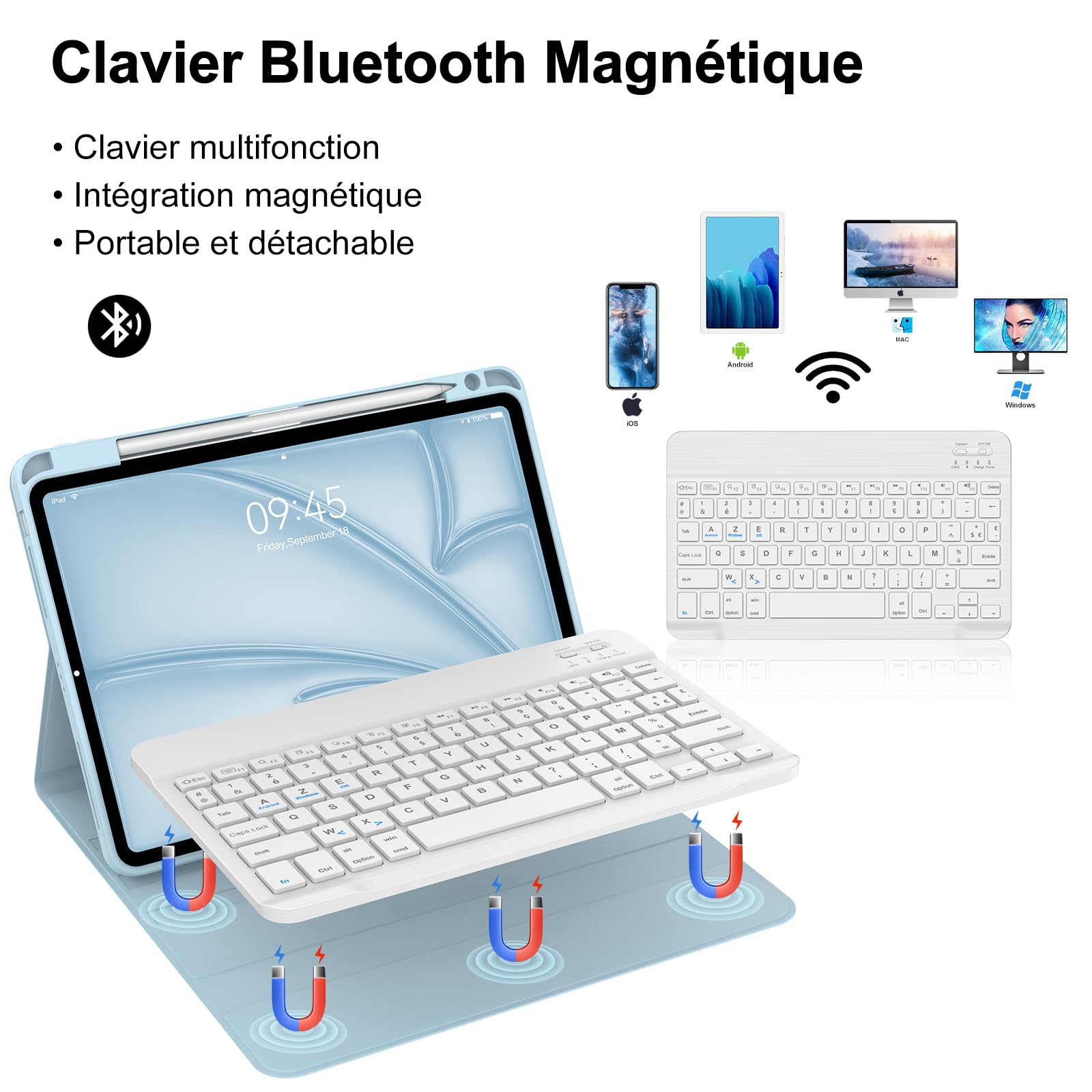 Funda teclado para iPad Air de 11 pulgadas (M3 2025, M2 2024), AZERTY francés funda teclado Bluetooth magnética desmontable con soporte para tablet iPad Air de 10,9" (5e/4ª generación), azul cielo