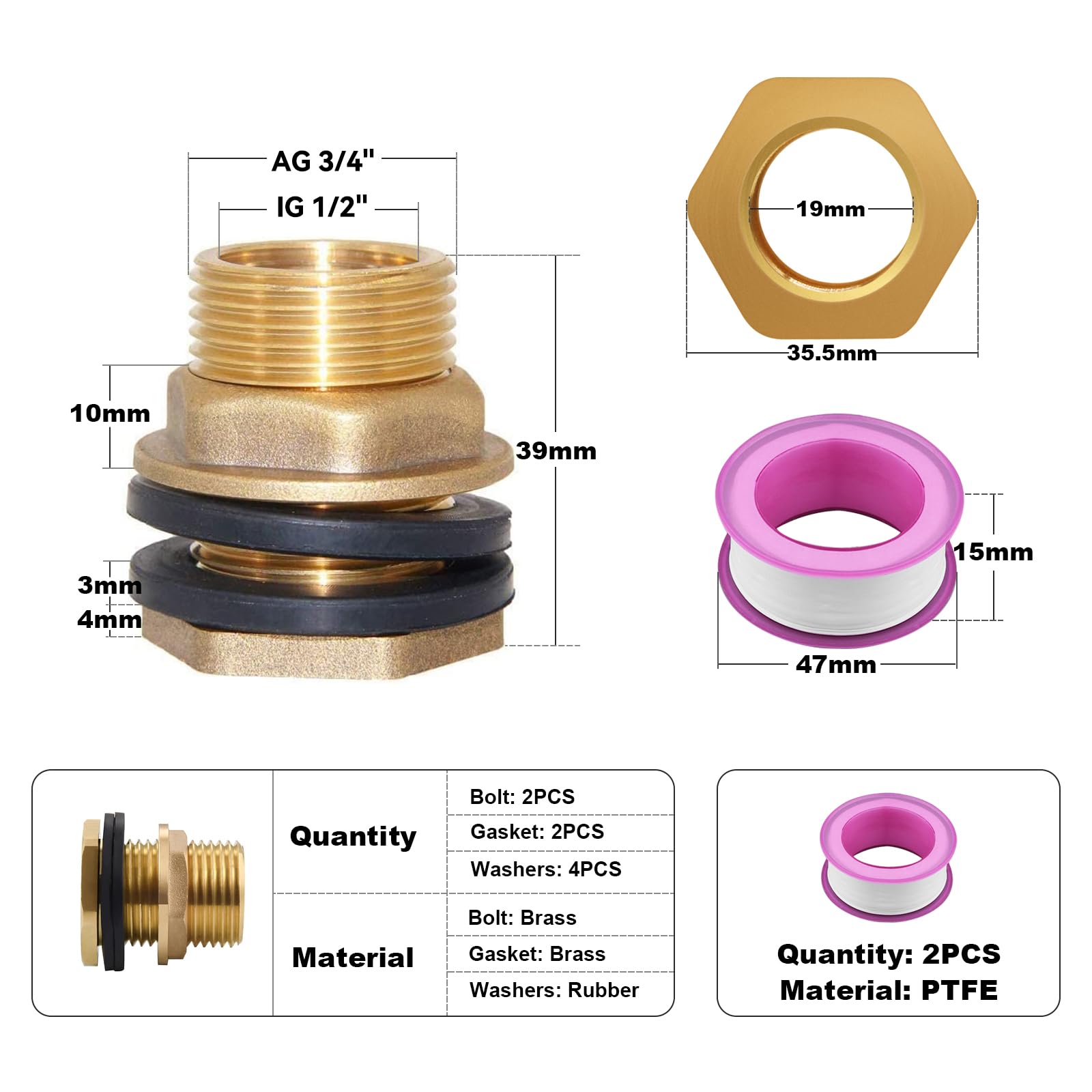 Tankschroefverbinding messing regentonschroefverbinding, regentondoorvoer 3/ 4 inch IG 1 inch AG slangtule 25 mm, tankdoorvoer vatschroefverbinding met 1 slangklemmen, voor kraan/stortren