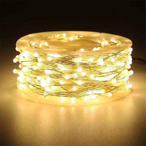 Miniatura 2 de RUICHEN Guirnalda de luces de alambre plateado enchufable de 99 pies, 300 luces LED con carrete, blanco cálido
