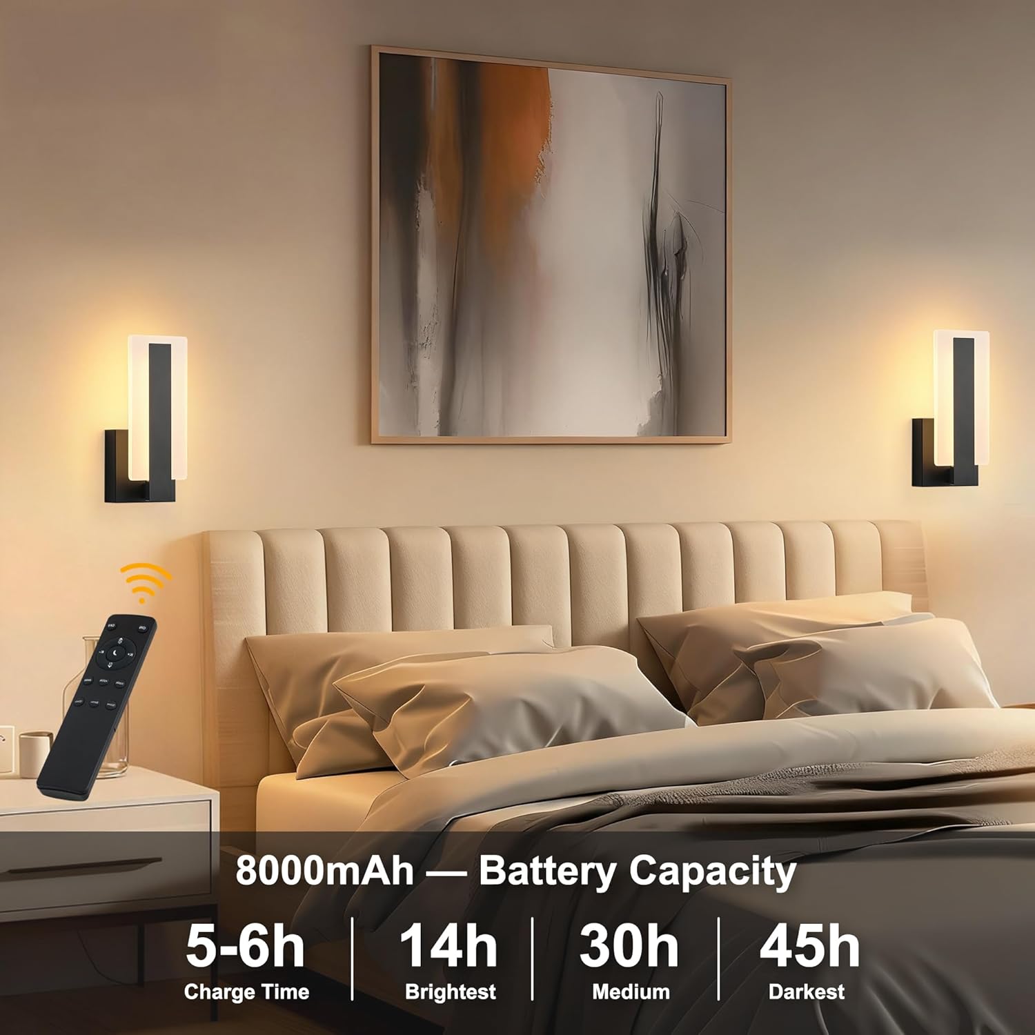 KARTOOSH Rechargeable Wireless Wall Sconces,Battery Operated Modern Wall Light Set of Two with Remote Control,Dimmable,3000K/4000K/6000K,Timer,Cordless Lighting for Hallway,Bedroom,Living Room Black