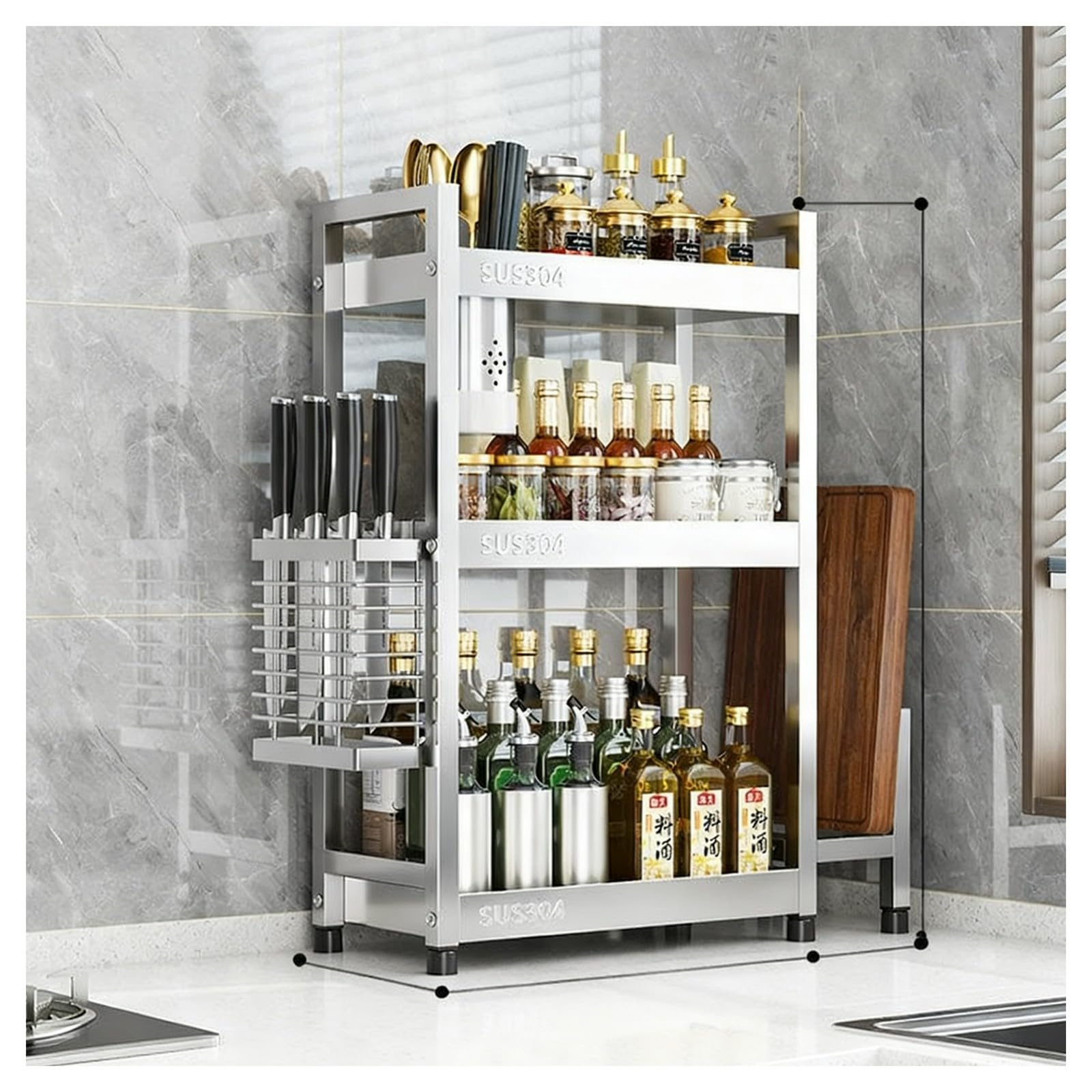 TIANQIHAO Stainless Steel Spice Rack Nizer For Kitchen Worktop, Space-Saving Design With Cutlery Holder And Cutting Board Shelf,3 Tier-30cm/11.8