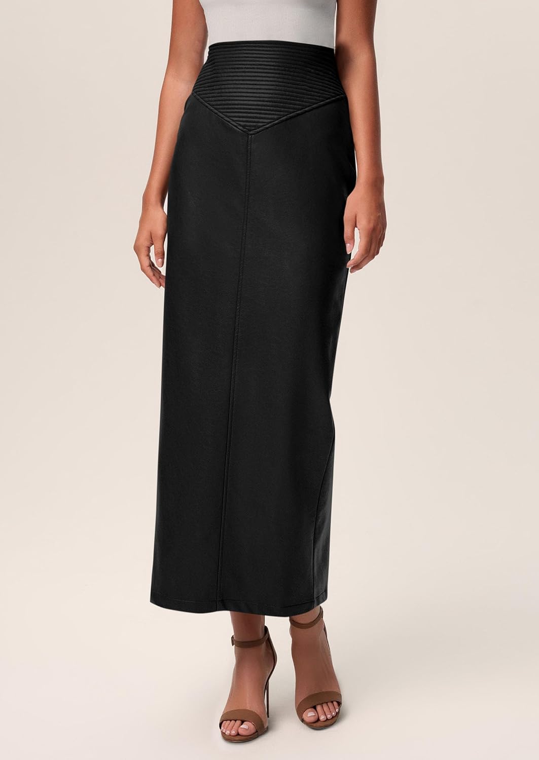 PRETTYGARDEN Long Skirts for Women 2026 Fall Fashion Clothing Faux Leather High Waist Dressy Casual Slit Pencil Maxi Skirt - Image 3