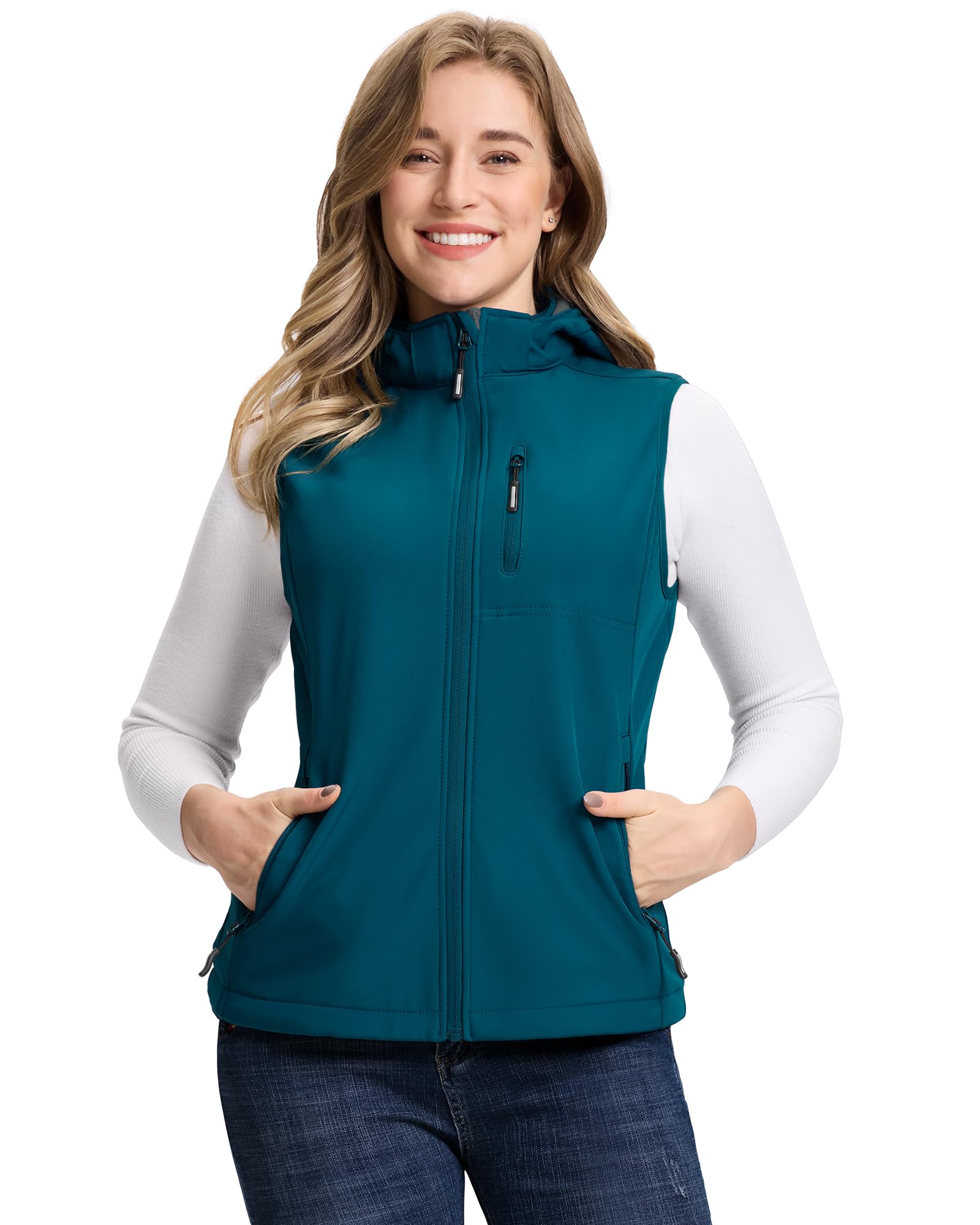 Outdoor Ventures Gilet da donna con cappuccio, leggero, in softshell, antivento, foderato in pile, senza maniche, per golf, corsa, viaggi