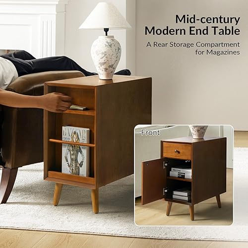 Miniatura 6 de HULALA HOME Mesa auxiliar con cajones y estación de carga, moderna mesa auxiliar con puertos USB y tomas, mesita de noche de madera con