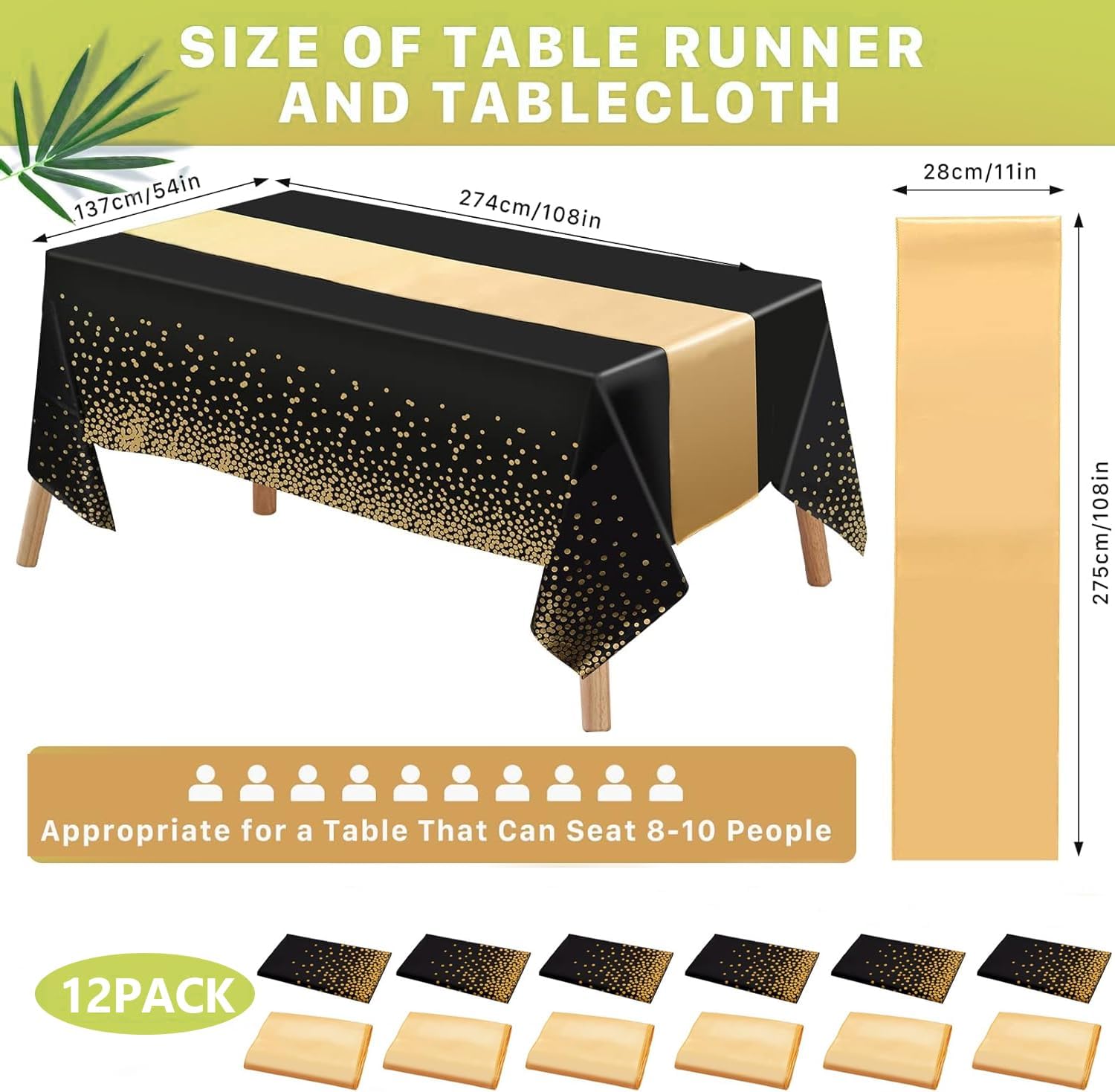 Jeffbaubl 6 Set Tablecloths and Satin Table Runner, 6 Black and Gold Dot Table Cloth 54 x 108 Inch, 6 Gold Satin Runners 11 x 108 Inch, Disposable Plastic Tablecloth for Parties Wedding Birthday