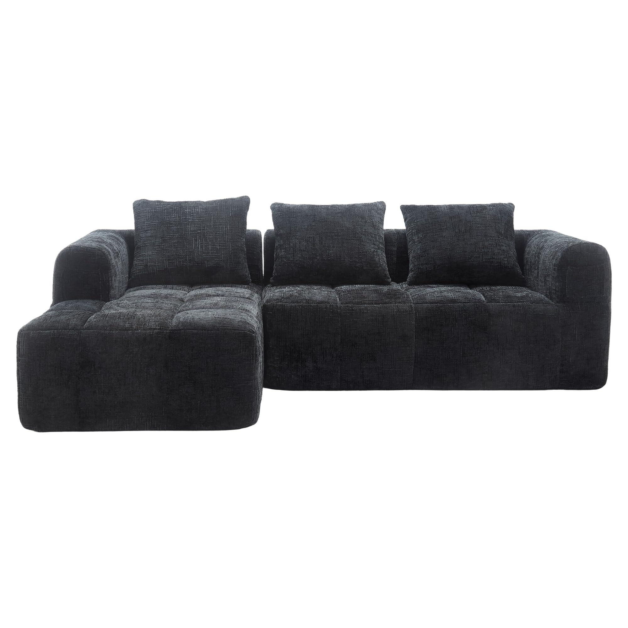 Sofá moderno modular, L, 3 plazas chaise longue, 3 almohadas, bolsillo lateral mando, chenilla, negro