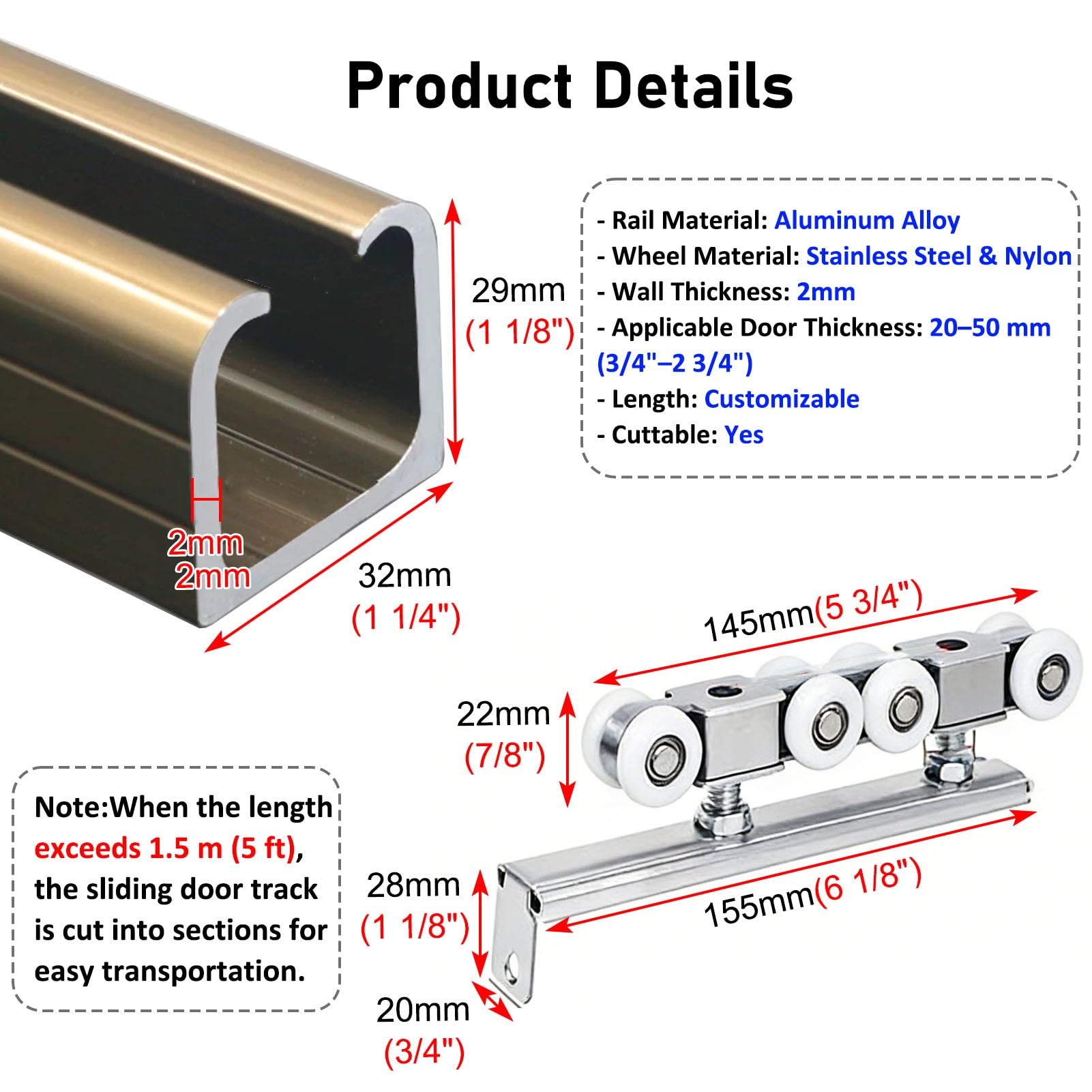 Rail Porte Coulissante Kit de pour Extérieure, Système Suspendu Escamotable, Quincaillerie Grange et Guide Garage(250cm(98.5in))