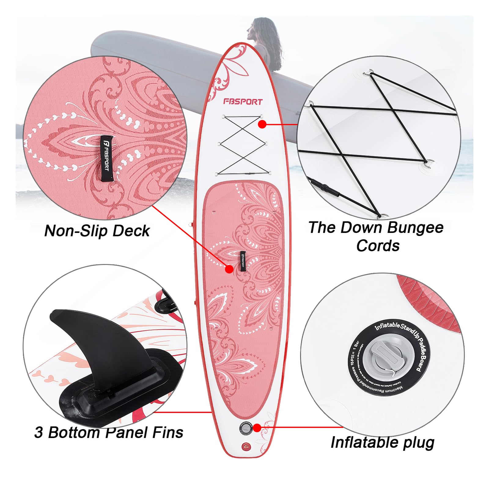 FBSPORT Tavola da SUP Gonfiabile SUP, Stand Up Paddling Board, Stand Up Paddle Board Gonfiabile per Stand Up Paddling 15CM Spessore, Surf con Alluminio Regolabile SUP Paddle + Pompa