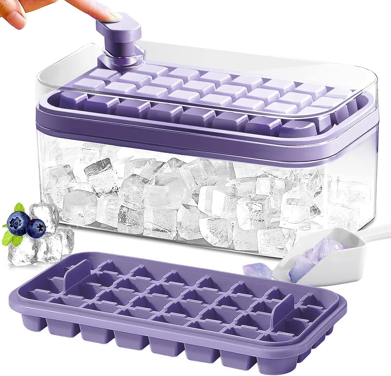 Homecloud 2-Layer Ice Cube Tray with Lid & Bin – BPA-Free Square Ice Cube Molds with Scoop, Easy One-Tap Release, Space-Saving Ice Storage Container, Makes 64 Cubes (Purple)-image-40
