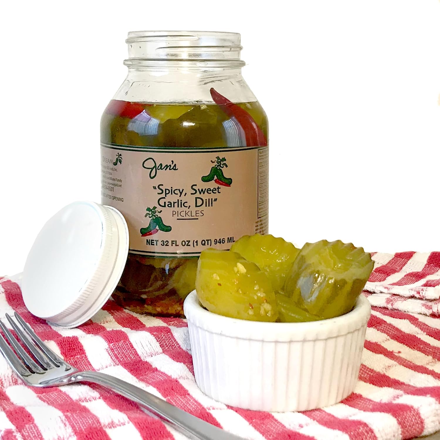 Jan's Pickles - Spicy Sweet Garlic Dill Pickle Chunks (4 Jars) Kosher, Homemade, Gourmet Flavored and Sliced Dills | 32 fl oz (1 qt) | Spicy, Sweet, and Garlic Flavor Combinations Available