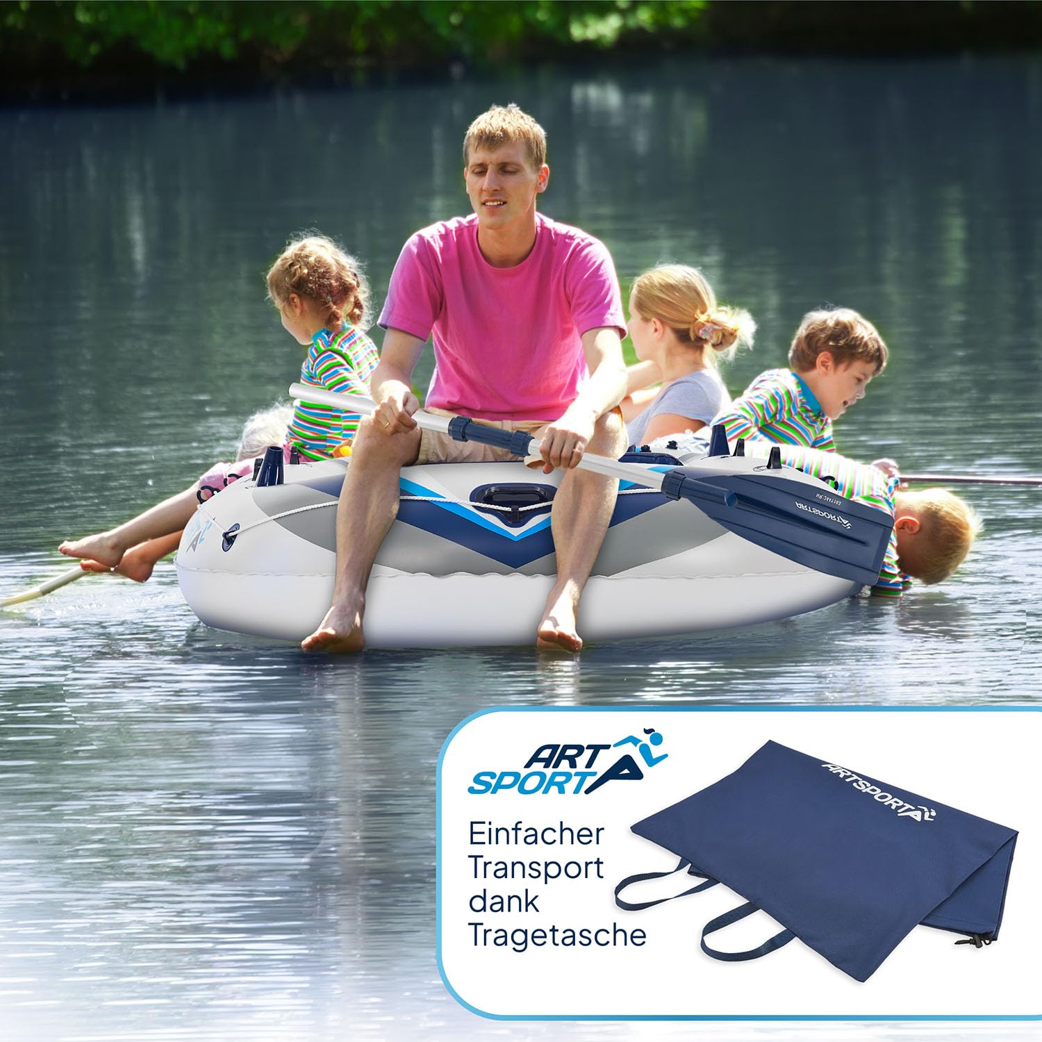 ArtSport Schlauchboot 322 cm für 4 Personen – Aufblasbares Paddelboot mit 2 Sitzbänken, PVC Ruderboot inkl. Luftpumpe, Paddel, Tasche & Reparaturset