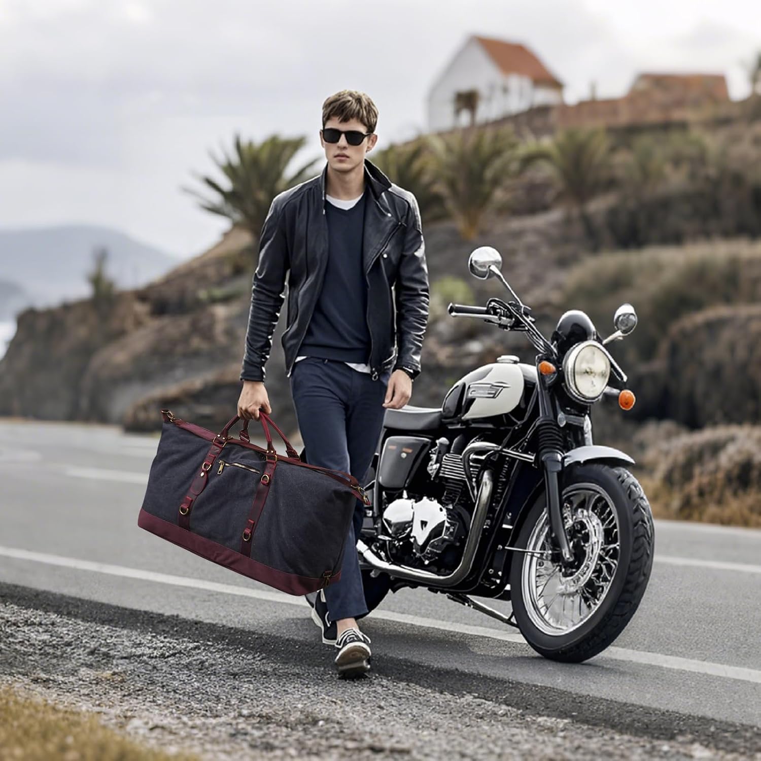 Dark Gray Canvas & Genuine Leather Duffle Bag for Men, Mens Travel Bag, Vintage Carry On Bag, Luggage Bag with Shoes Bag & Adjustable Strap, Overnight Weekender