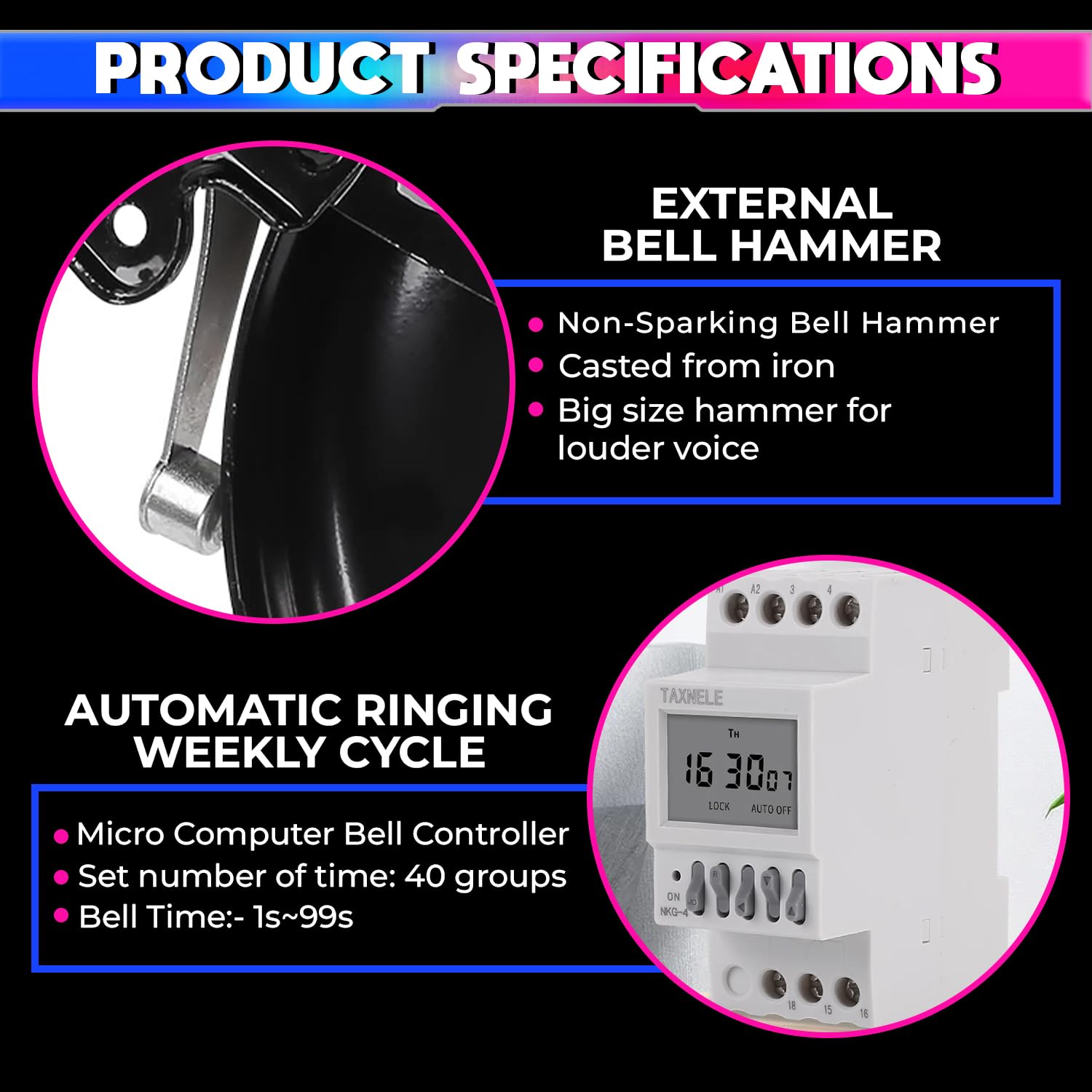 amiciSmart Automatic School Bell, 120dB Electric Gong Bell with Weekly Programmable Timer Switch, 40 Group Setting with 1~99sec Adjustable Ring Time, 220VAC 2