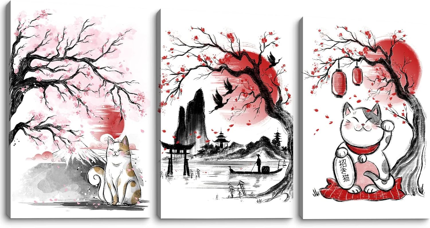 3 Piece Canvas Wall Art for Living Room Cherry Blossom Decor Japanese Decorations Painting Bathroom Bedroom Decor Red White Picture Japan Bay Ink Wash Modern Artwork Framed Ready to Hang Artwork-02 12x16inch x 3 Panels