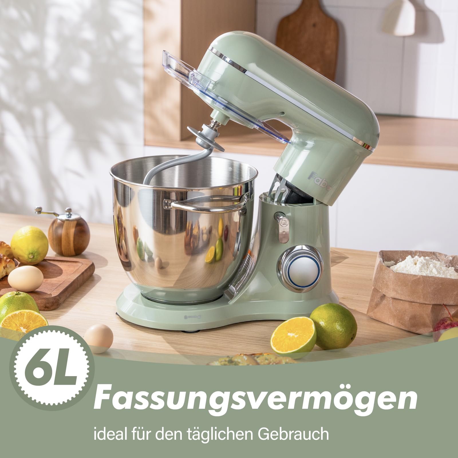 Fab-Serie 6L Küchenmaschine von Kitchen in the box, leistungsstarke Rührmaschine mit 1300W, 10 Geschwindigkeiten, ideal für den täglichen Gebrauch, inkl. Knethaken, Schneebesen & Rührhaken, Grün