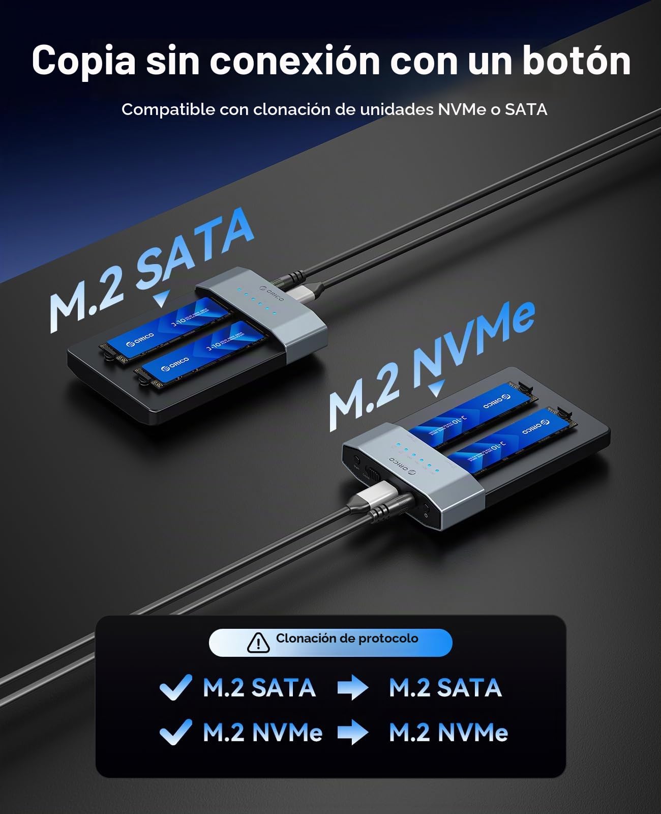 ORICO Carcasa para SSD M.2 NVMe de 20 Gbps, Estación de Acoplamiento M.2 NVMe de Dos Bahías, Base de Acoplamiento NVMe para SSD PCIe NVMe con Conector M, Compatible con Clonación sin Conexión y UASP