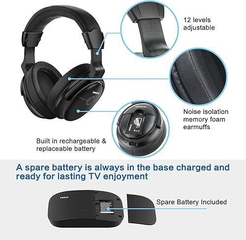 Miniatura 8 de SIMOLIO Auriculares inalámbricos para ver televisión con transmisor (óptica digitalRCAAUX), voz mejorada y batería de repuesto para personas mayores