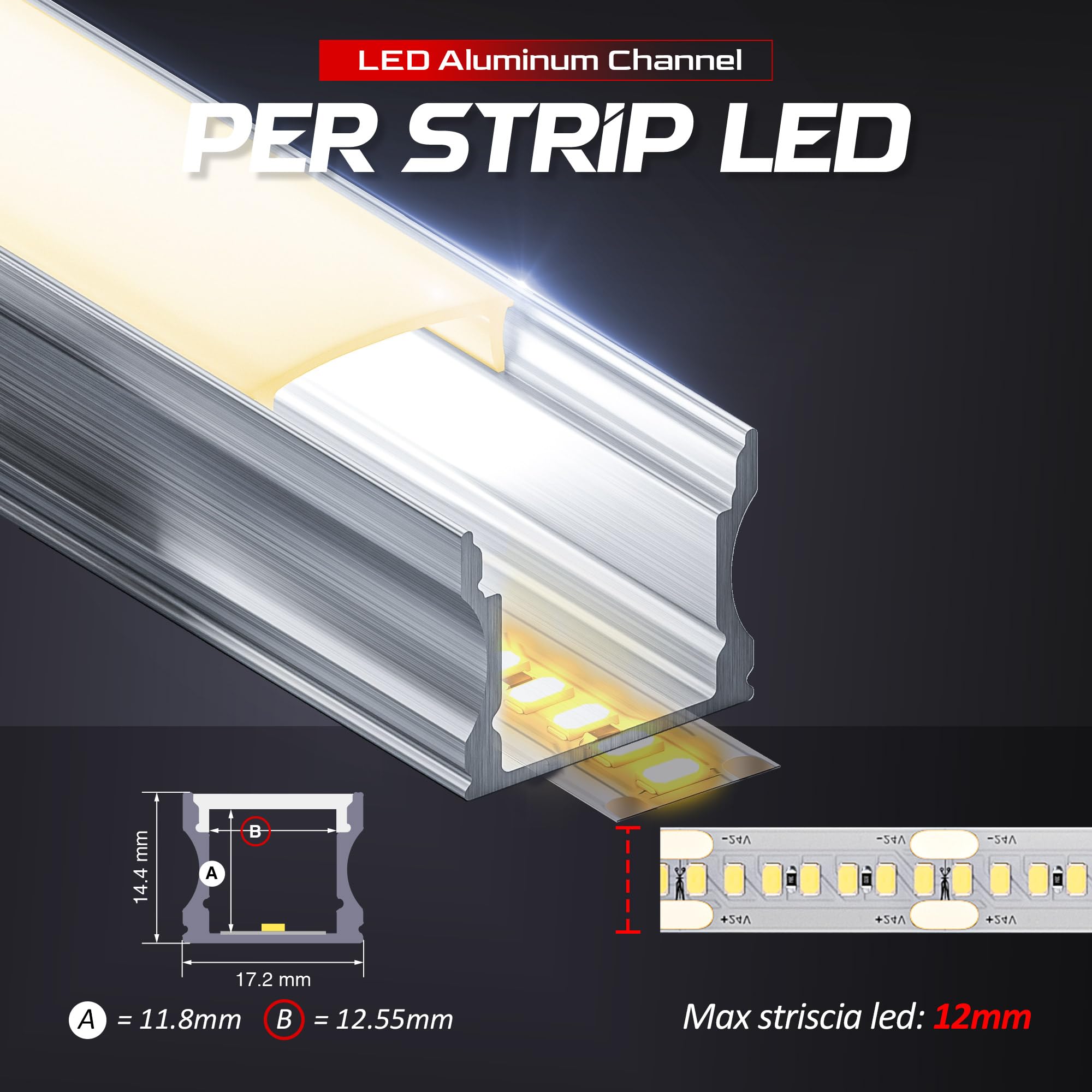 Profilo alluminio per strisce led con 10 coperture diffusore, 10 profili per strisce led da 2m, 20 cappucci e 40 clip per profili per strisce per illuminazione indiretta