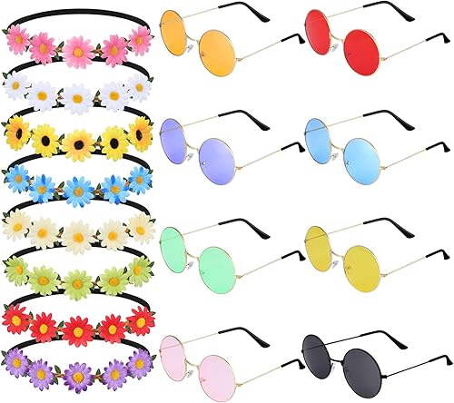 ONESING 8-20 pares de gafas de sol redondas hippie círculo para mujer, gafas de sol hippie multicolor diadema discoteca fiesta