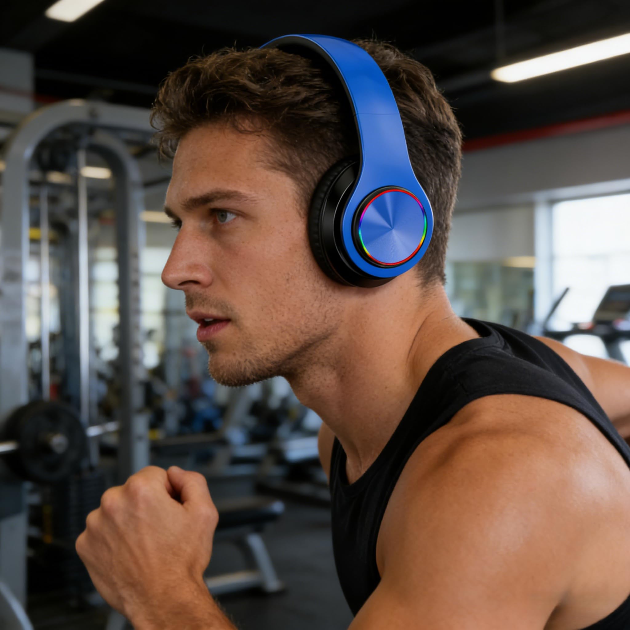 Cuffie wireless Bluetooth con luci colorate, grande capacità della batteria, pieghevoli, Bluetooth 5.0, portata 10 m, stereo surround, microfono integrato, comode orecchie fissate (blu)