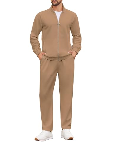 COOFANDY Track Suit for Men Casual Tracksuits 2 Piece Set Long Sleeve Athletic Jogging Sweat Suits Warm Tracksuit Khaki Cream Beige XL