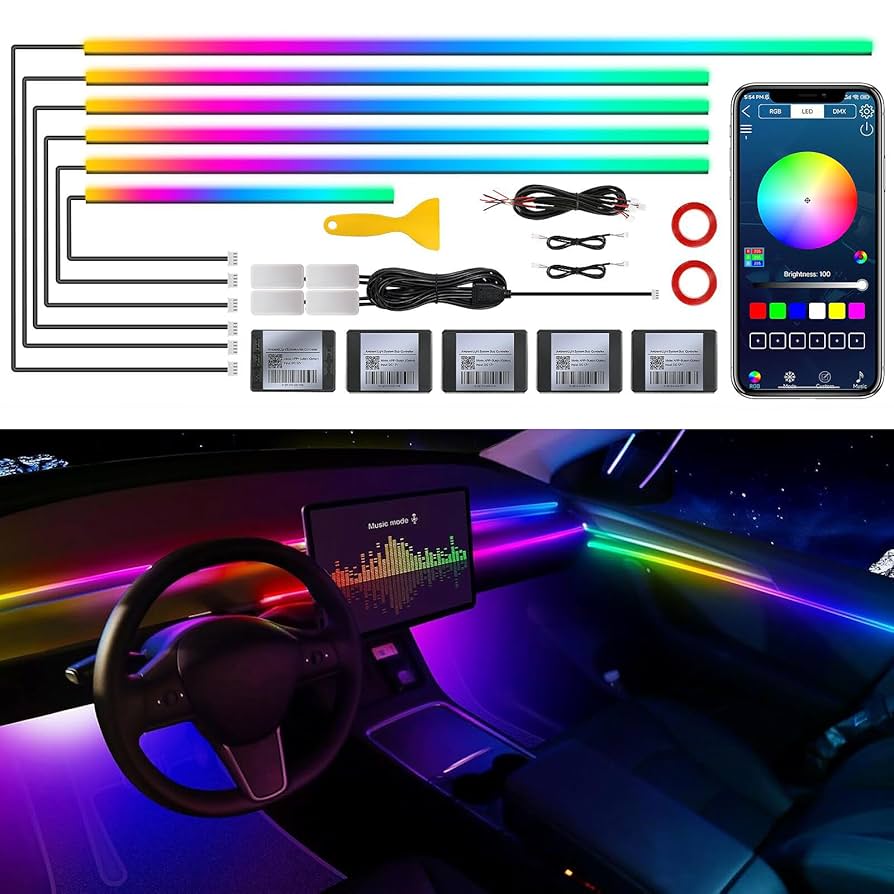 Dreamcolor Acrylic Interior Car LED Strip Light With Wireless APP, RGB 18 In 1 With 175 Inches 593 LEDs Fiber Optic Strip Lights For Car, Dynamic Chasing Music Sync Neon Car Ambient