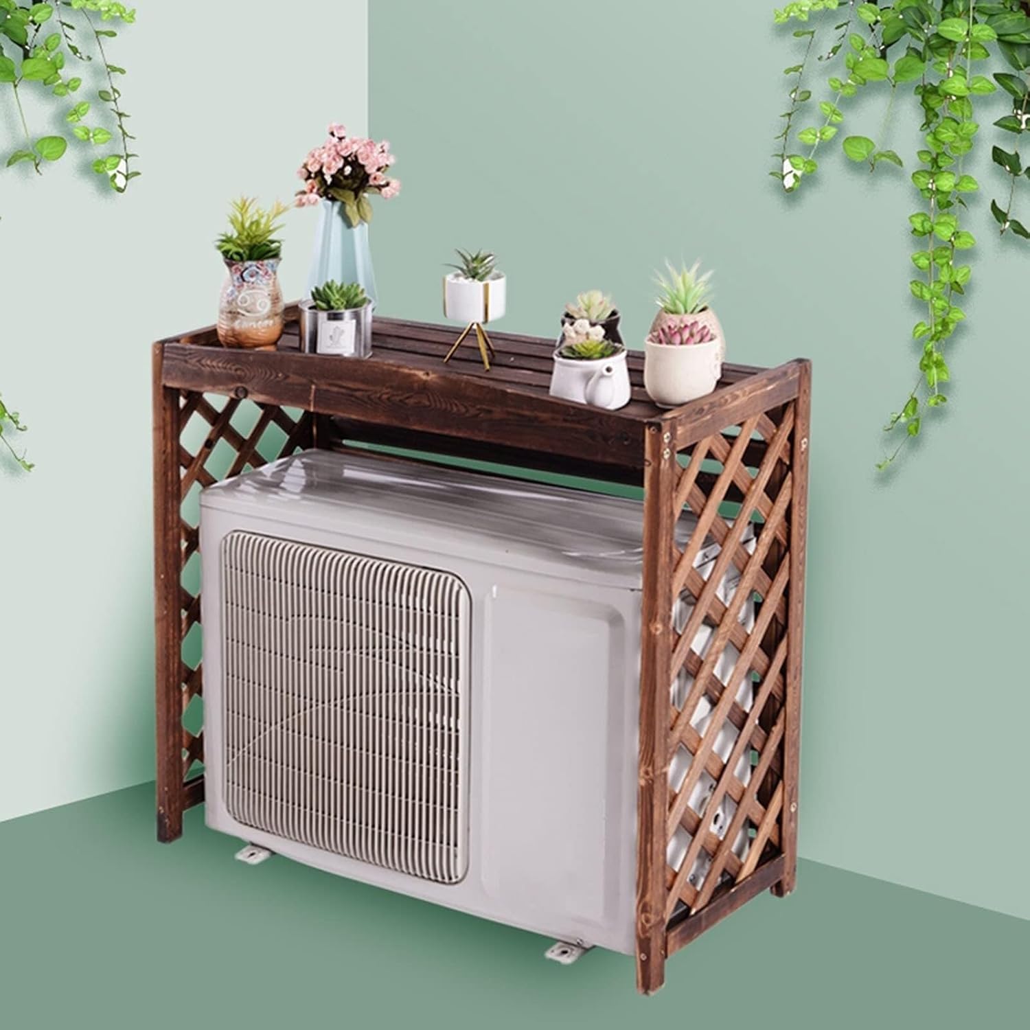 Housse de climatisation extérieure en bois pour balcon et terrasse avec support de fleurs surélevé