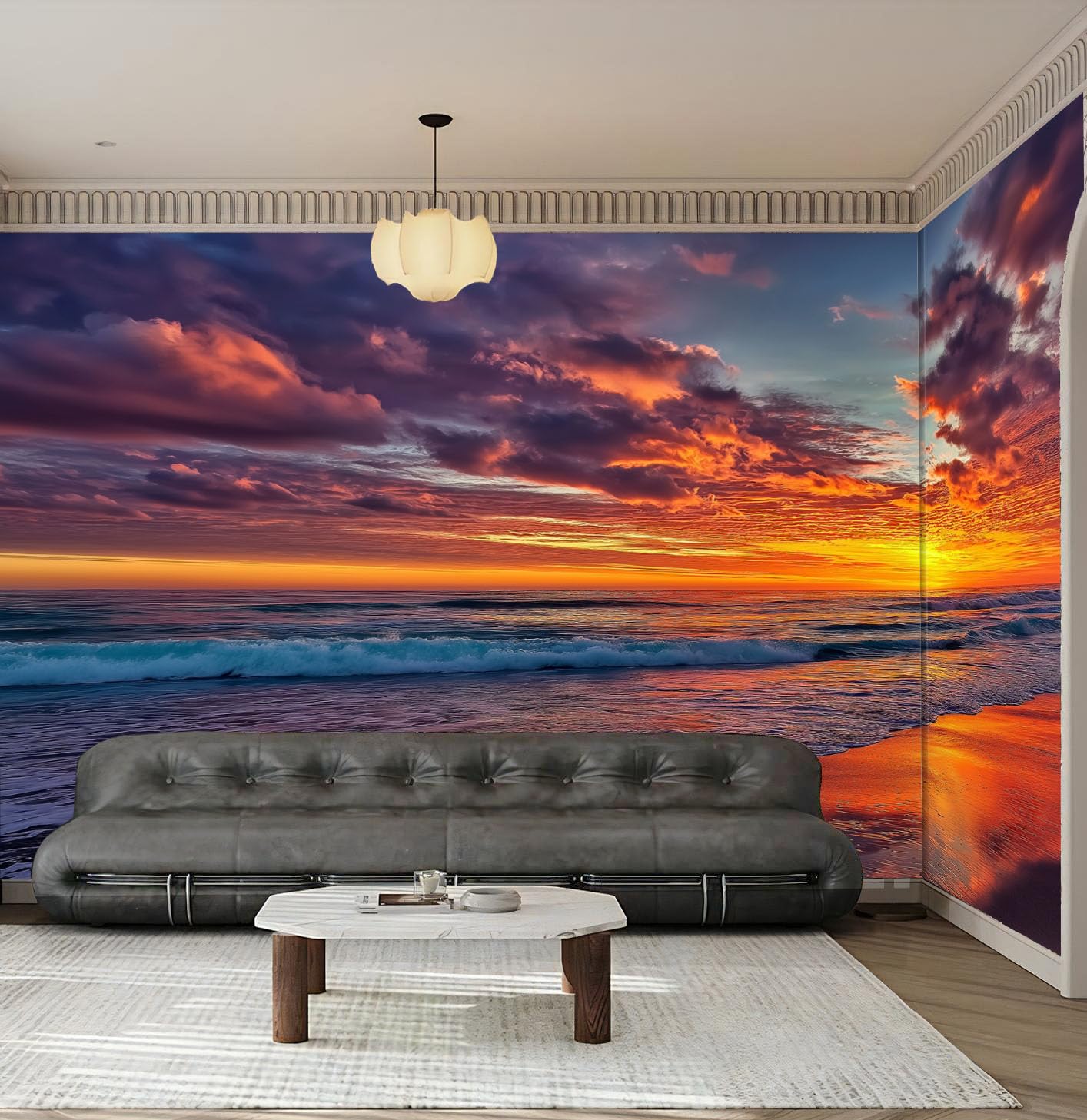 Murale da Parete 3D Paesaggio Del Tramonto Carta da Parati Fotografica,Blu Arancione Murale da Parete in Tessuto seta Poster Decorativo Tramonto Sul Mare Design 350×256cm per Soggiorno