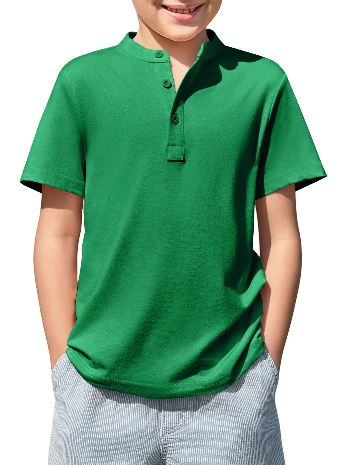Haloumoning Boys Short Sleeve Henley Shirt Kids Casual Button Front Summer T-Shirts Tops Tees 5-14 Years