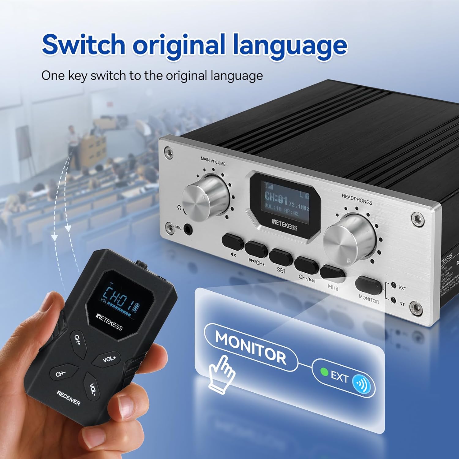 Retekess TT119 transmitter with a hand pressing the 'MONITOR' button to switch between external and internal audio sources.