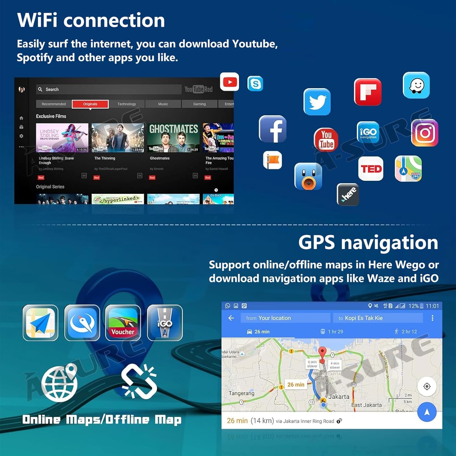 Screenshots showing steering wheel control settings, backup camera input, FM RDS radio interface, and wireless Bluetooth calling screen.