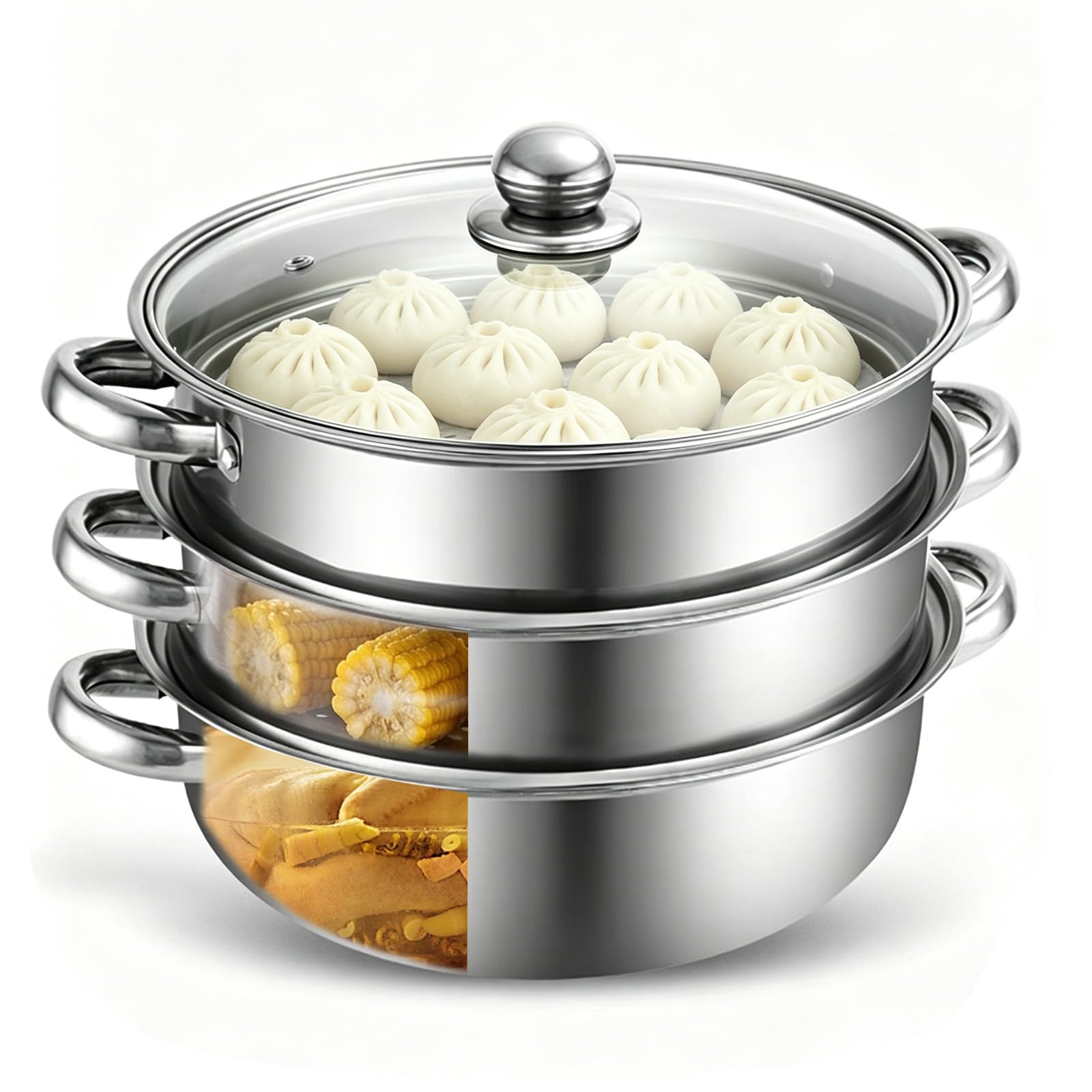 Olla Vaporera 28cm – Cocción al Vapor en Acero Inoxidable de 3 Niveles con Tapa de Vidrio – Para Sopas, Verduras, Pastas y Mariscos – Apt para Inducción y Lavavajillas