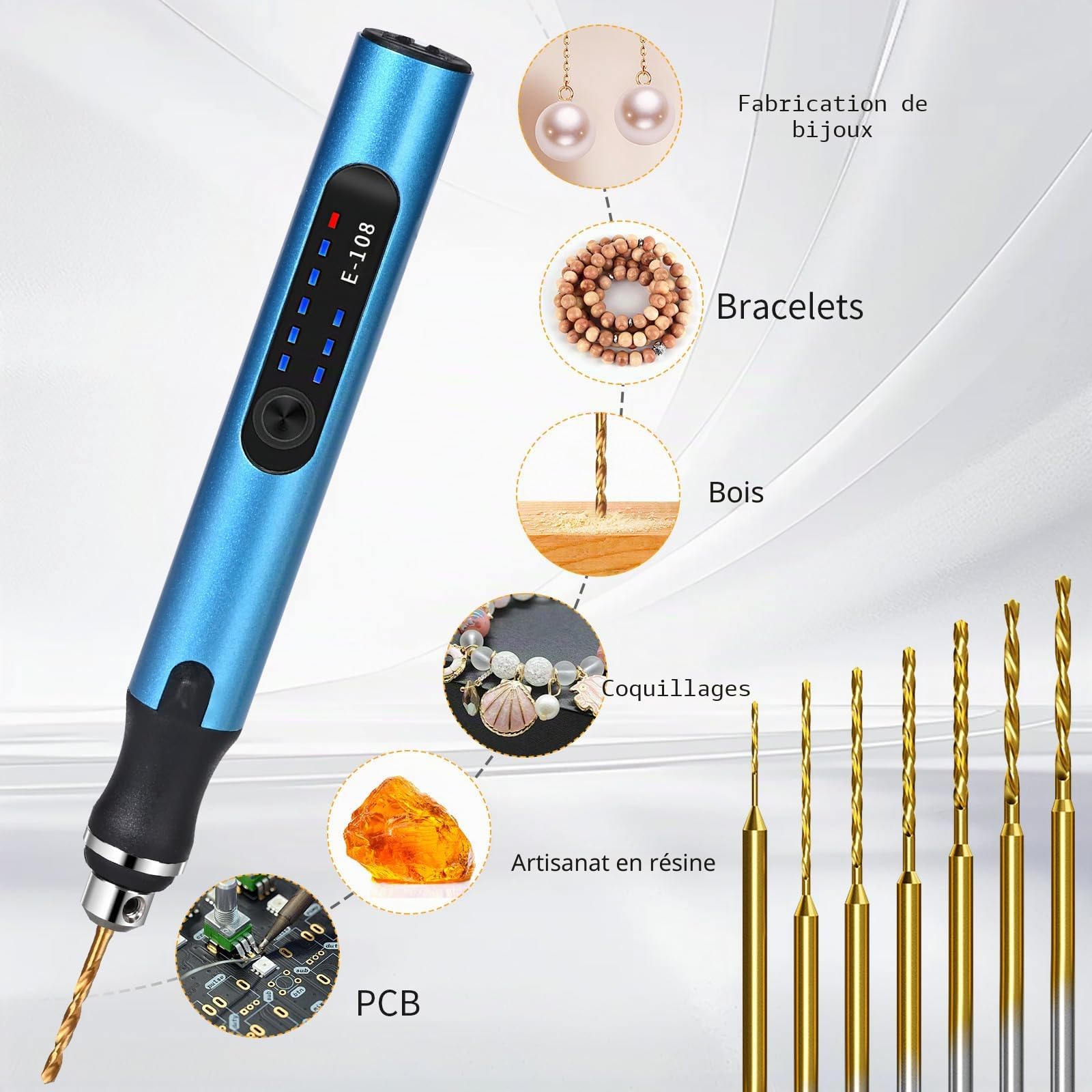 Perceuse électrique 3 vitesses rechargeable - 10 forets - Modélisme, bois, résine, bijoux - Circuit imprimé plastique - Bleu