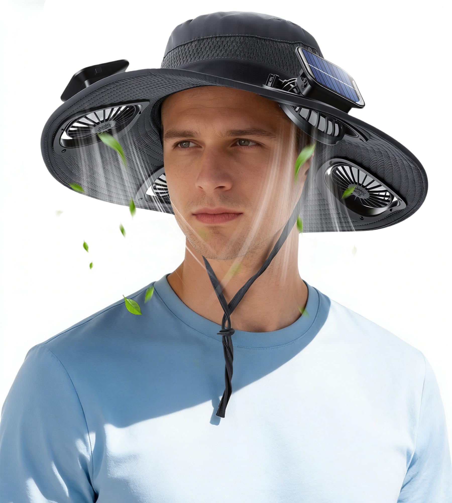 MOWETOO Chapeau solaire avec 4 ventilateurs amovibles, chapeau de pêche à large bord pour femmes et hommes, recharge USB, chapeau de soleil pour activités de plein air comme la randonnée, le jardinage