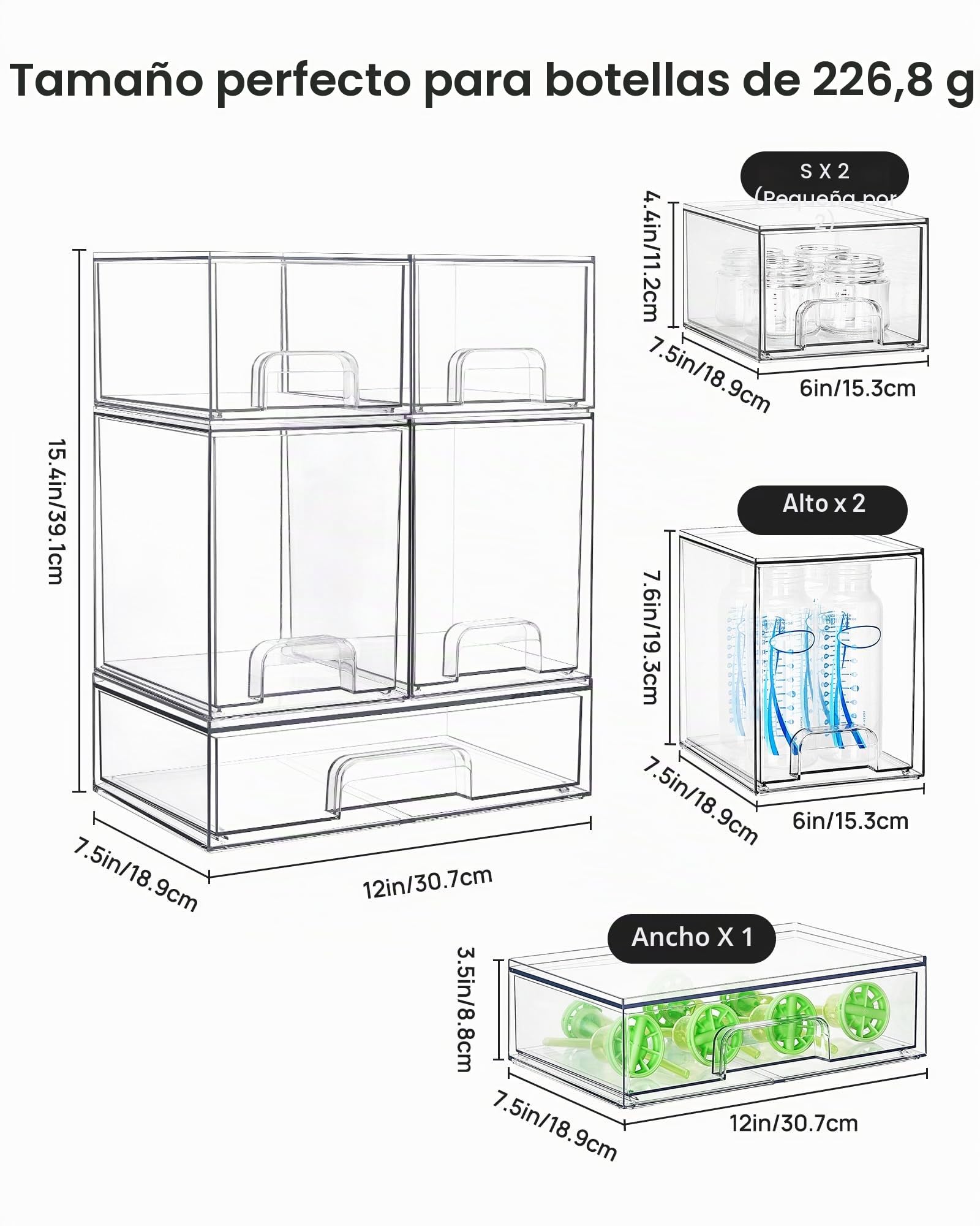 Vtopmart - Juego de 5 cajones de almacenamiento apilables, contenedores organizadores transparentes de plástico para biberones, almacenamiento de artículos de belleza, ideal para encimera de cocina