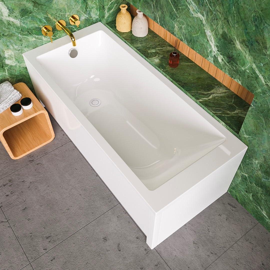 ECOLAM Vasca da bagno TAMI 140 x 70 cm + grembiule, vasca rettangolare in acrilico sanitario, set completo con grembiule acrilico, scarico e troppopieno, set di piedini automatici in silicone