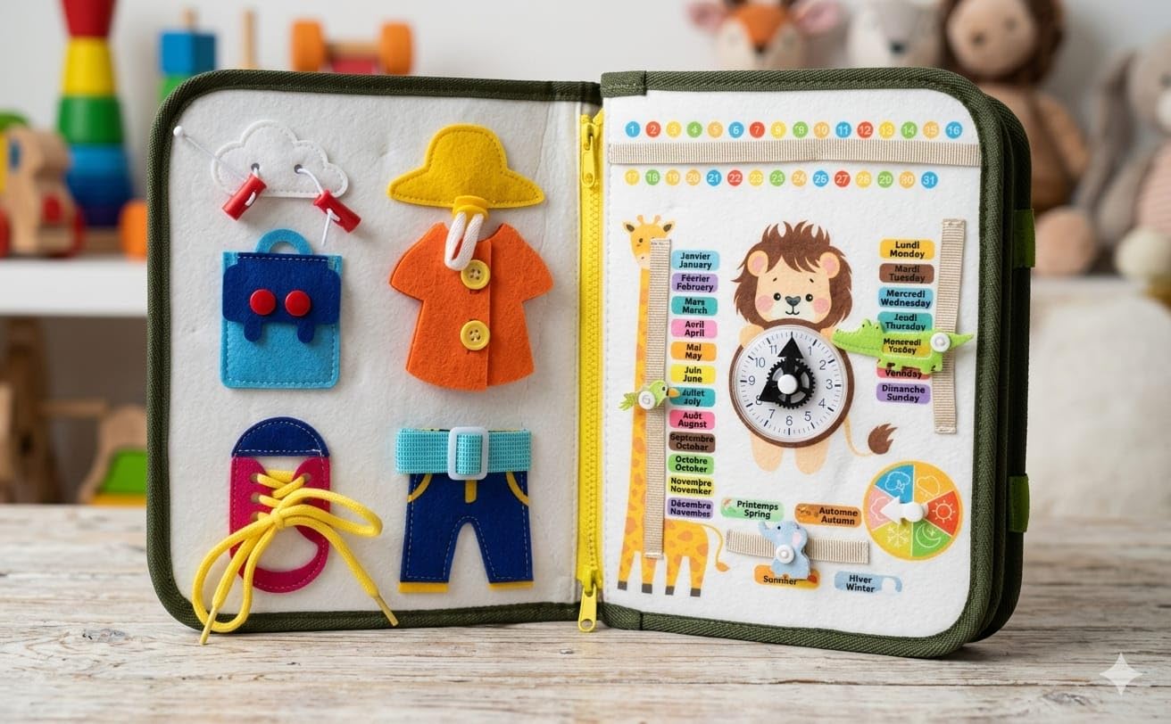Générique Jouet Éducatif Montessori 9-en-1 – Busy Board Bilingue Français/Anglais, Développement Sensoriel, Motricité Fine & Apprentissage Ludique pour Enfants de 1 à 5 Ans