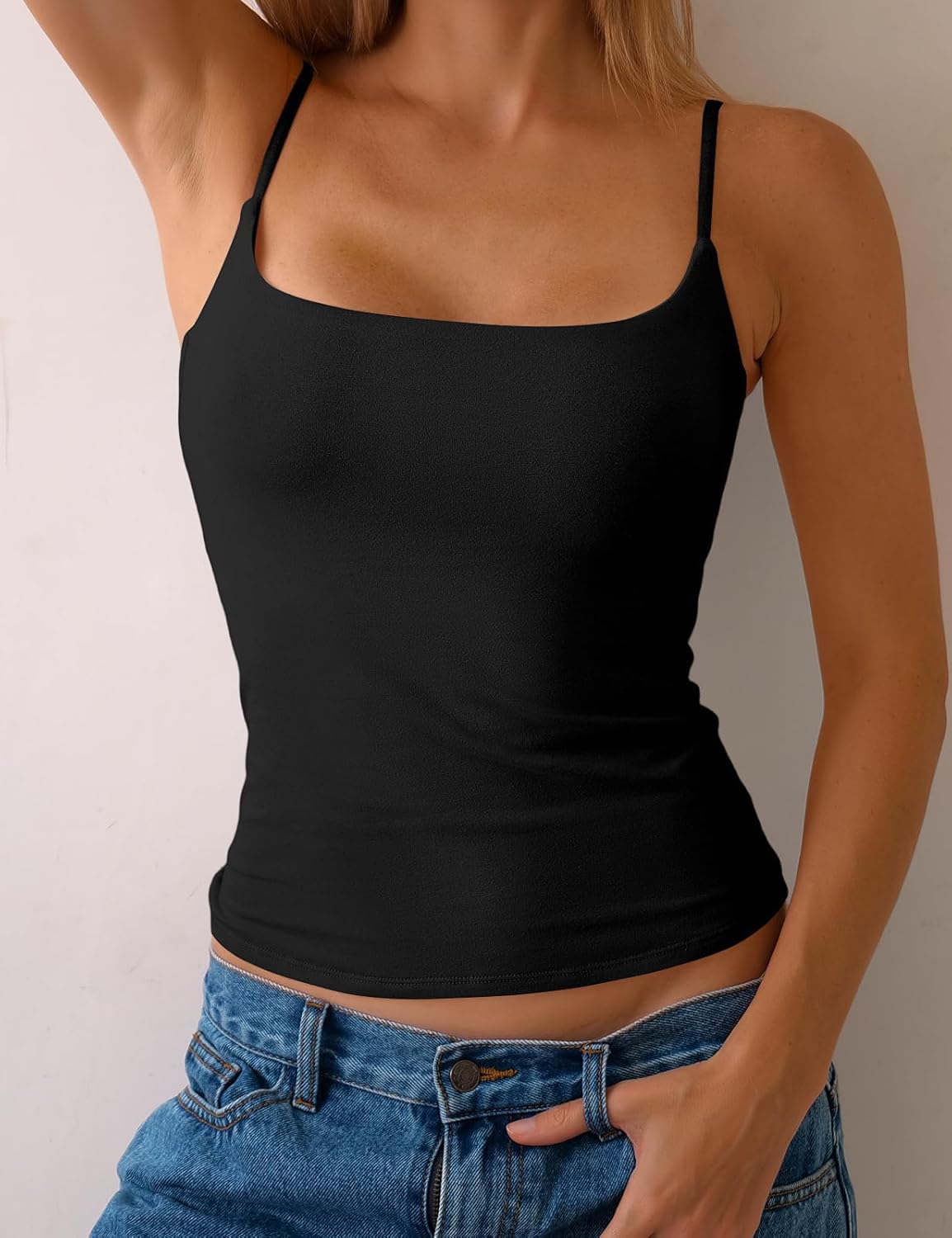 PrettyGuide Women Cotton Cami Tops Built-in Shelf Bra Unpadded Square Neck Crop Tank Top Fitted Basic Camisole Going Out Tees - Image 7