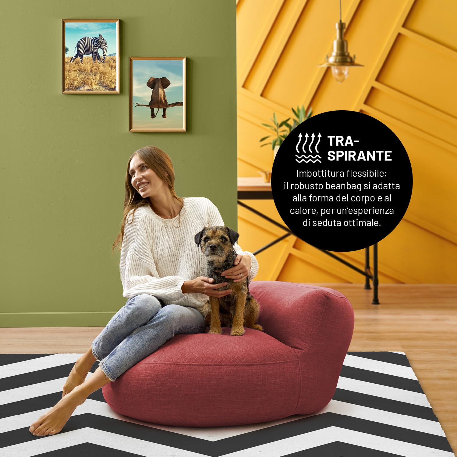 Lumaland Interior Line - Pouf, divano rotondo per interni, imbottitura da 320 l, 90 x 50 cm, effetto lino anche al tatto, colore: rosso