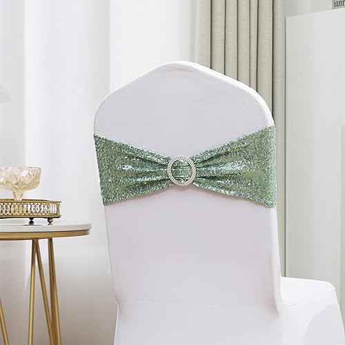 Vista 11 de Paquete de 50 bandas para sillas de lentejuelas de elastano, bandas plateadas con hebillas, lazos para sillas, lazos para decoración de fiestas