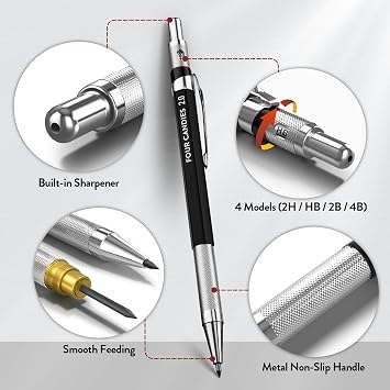 Four Candies 2MM Mechanical Pencil Set with case, Artist Led Pencil Metal Lead Holder with 60PCS Graphite Lead Refill (HB, 2H, 2B, 4B, Color) Kneaded Eraser, Sharpener for Writing, Drawing, Sketching